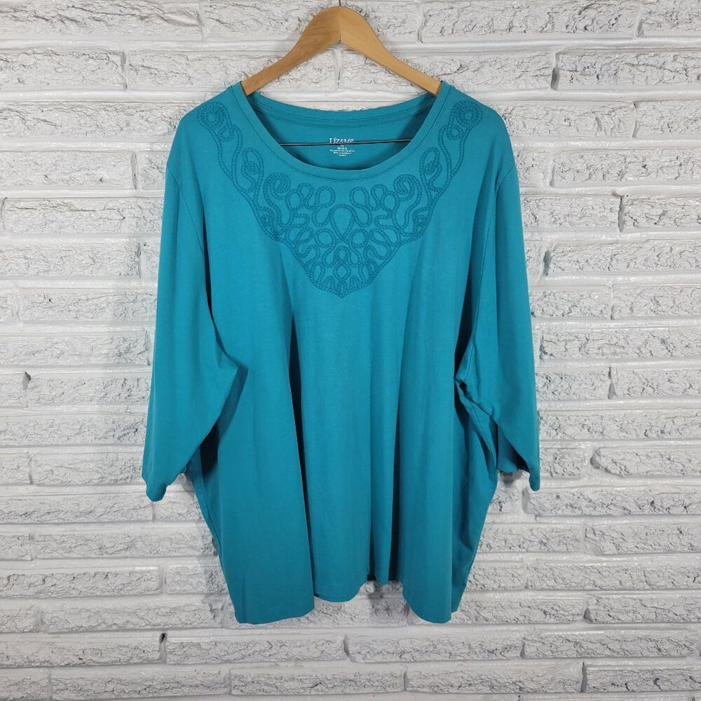 Liz & Me Women’s 3X Top Blue Embroidered 3/4 Sleeve Cotton Stretch BLU191E